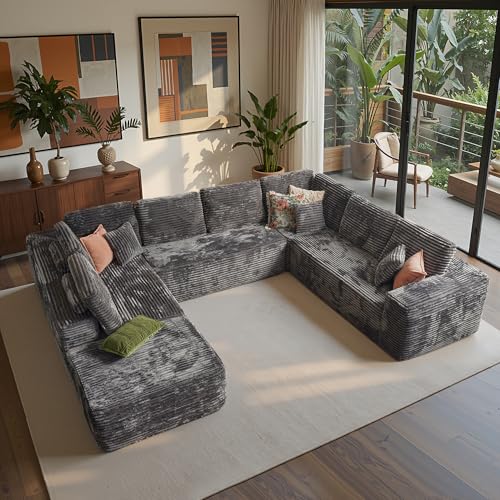 ovios Sectional Cloud Couch for Living Room, Modular Floor Sofa with Plush Corduroy, No Assembly Required, Big Comfy Couches Set with Fluffy Memory Foam, Stupendous U Shaped Sofas with Chaise, Grey