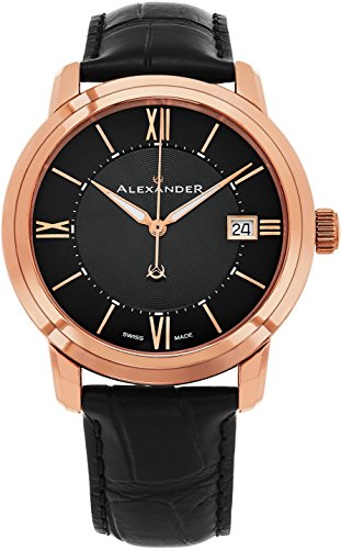 Alexander Heroic Macedon Mens Rose Gold Watch Leather Band - 40mm Analog Black Face with Second Hand Date and Sapphire Crystal - Classic Swiss Made Quartz Dress Watches for Men Gold Tone A111-05