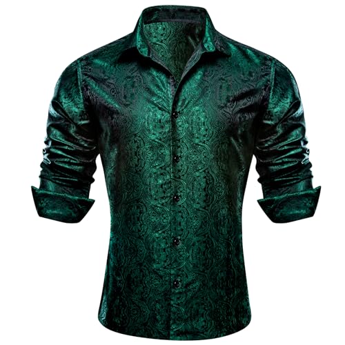 Barry.Wang Camisas de vestir para hombre, de seda, de cachemira, manga larga, con botones, para ocio, boda, fiesta, baile de graduación, Color verde puro, 3XL