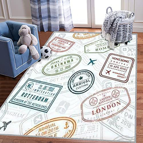 Kids Play Area Rugs Wanderlust Passport Stamps Seamless Travel Stamp Theme fictitious 3D Carpet Extra Large Rug Kids' Bedroom Playroom Nursery Décor for Boys Girls, Learning & Playing 5x8 ft