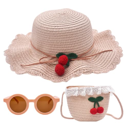 KDFSSIPE Sombrero para el Sol para Niñas Gafas de Sol Mini Bolso de Paja con Cereza Sombreros de Paja para la Playa de Verano Actividades al Aire Libre, Rosa
