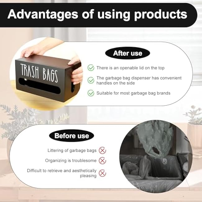 Trash Bag Dispenser Wall Mounted Trash Bag Organizer Plastic Bags Storage Box Wooden Trash Bag Roll Holder for Home Kitchen, Black