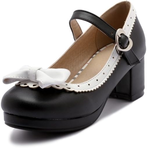 ELFY Women's Cute Lolita Cosplay Shoes Bow Mid Chunky Heel Mary Jane Pumps