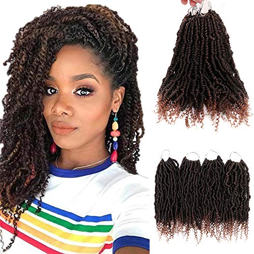 Bomb Twist Crochet Hair 14 Inch Passion Twist Pre-twisted Synthetic Ombre Brown Crochet Hair with Curl End Afro Kinky Spring Twist Pre Looped Crochet Hair (T1B/30#)