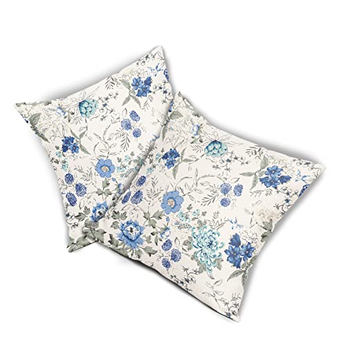 Kawani Blue Floral Throw Pillow Covers Set Of 2 18X18 In- Chinoiserie Toile Oriental Accent Flowers Leaves Linen Fabric Decorative Pillowcases Square Summer Cushion Cover For Couch Sofa Bed Car #TOP1