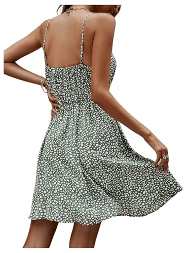 Image of SweatyRocks Women's Boho Floral Print Spaghetti Strap Cami Dress Casual Flare Short Dresses Green XS