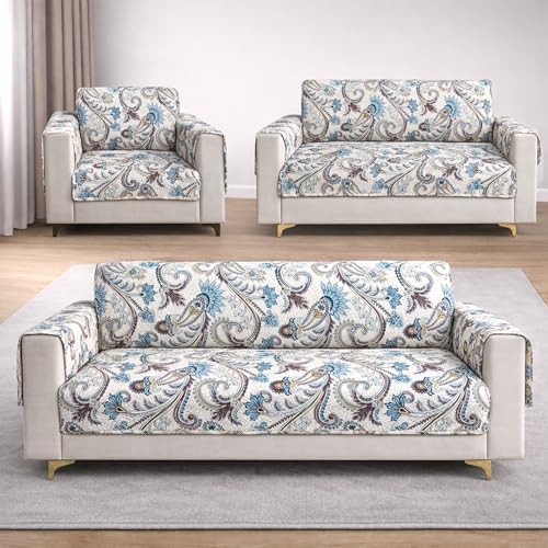 Image of Homerz Premium 6(3+2+1) Seater Quilted Reversible Sofa Cover Mat with Pocket Arms | Polyester Blend 350 GSM Full Coverage & Back Belt for Stability (Floraya, 6(3+2+1) Seater)