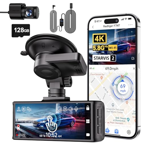 REDTIGER F7N Touch & OBD Hardwire Kit, 4K Dash Cam Front and Rear, STARVIS 2 Sensor, Touch Screen 3.18", 128GB Card Included, Voice Control, 5.8GHz WiFi Car Dash Camera, GPS, Night Vision