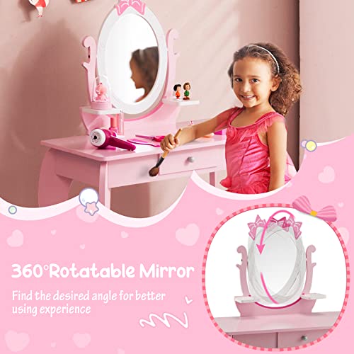 image for Costzon Kids Vanity Set with Mirror, 2 in 1 Princess Makeup Dressing T