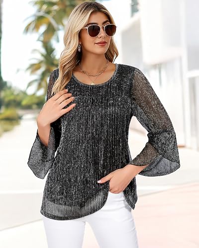 Bebonnie Women's Ruffle 3/4 Sleeve Elegant Dressy Blouses Crew Neck Double Layers Mesh Tunic Tops3