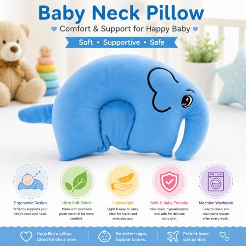 Image of VanityX Baby Neck Pillow for Newborn & Infant, Elephant Shape Mustard Seed Neck Support Pillow, Soft Plush Head Support Cushion for Stroller, Car Seat, Travel & Sleeping, Blue