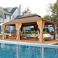 EROMMY 12'x22' Gazebo, Wooden Finish Coated Aluminum Frame Pergola with Double Galvanized Steel Hardtop Roof, Outdoor Permanent Metal Pavilion with Curtains and Nettings for Patio, Backyard and Deck