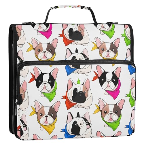 キュートでカラフルな漫画フレンチブルドッグ3リングバインダー 1.5インチ Dリングジッパーバインダーオーガナイザー スクールバインダーバッグ ショルダーストラップ付きカスタムストレージポートフォリオフォルダー ハンドル付き