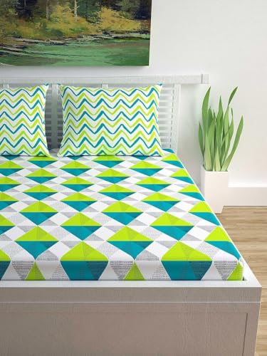 Image of La Verne 104 TC Cotton Double Bed Bedsheet Jaipuri Rajasthani Print Bedsheet with 2 Pillow Covers (White,Green)