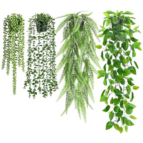 BTSD-home 4 Stück Künstliche Hängepflanzen Kunstpflanze Hängend Fake Plant Für Wohnzimmer Wanddeko Zimmer Deko Mit Efeutrauben Künstlichem Eukalyptus Bostonfarn Und Perlenkette