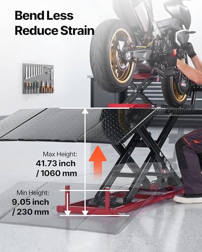 Image of VEVOR Motorcycle Lift Table, 1500 lbs Capacity, Electric Hydraulic Pump with Scissor Lift Jack, Wheel Chock, 9.05 inch-41.73 inch Height, 78.3 inch x 50.4 inch Extra-Wide Heavy Duty Repair Stand for ATV, Dirt Bike