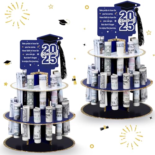 Spakon 2 Pcs 2025 Graduation Money Holder for Cash Gift Tower Tiered Cash Cake with 25 Holes for Congrats Grad Class of 2025 Graduation Party Supplies Decorations