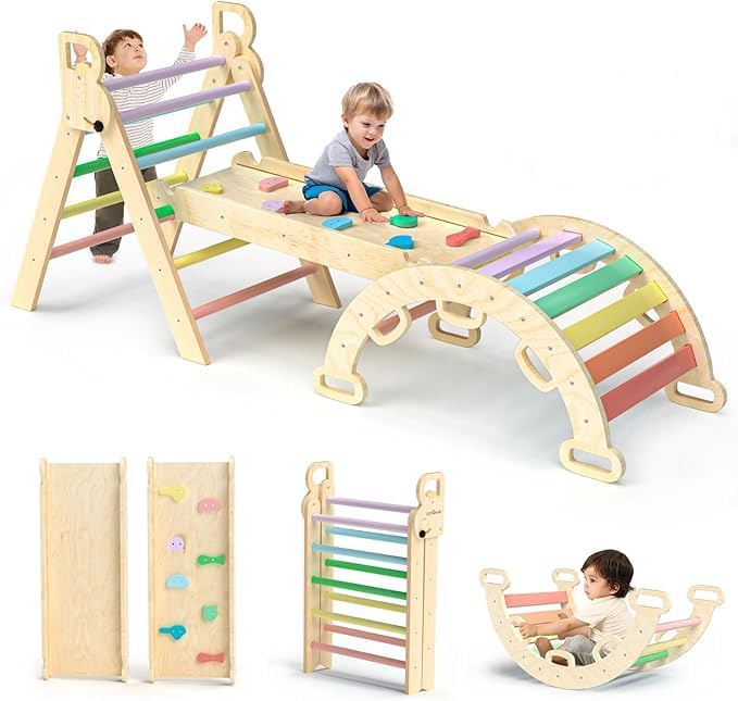 Image of Pikler Triangle Set, Foldable Baby Climbing Wooden Toys with Arch & Ramp & Ladder Climber Indoor Jungle Gyms Ideal for Toddlers Kids