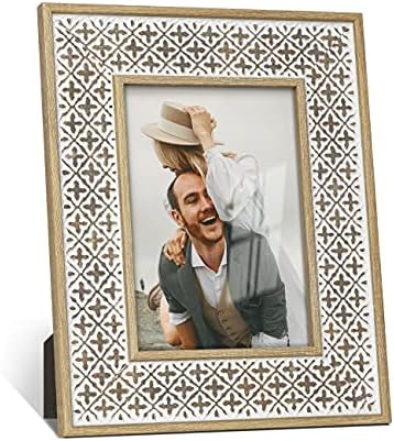Sonefreiy 5x7 Picture Frame Boho Moroccan Decor White Gold Photo Frame Vintage Distressed Pattern for Desk and Wall Mom Grandmother