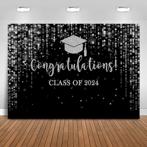 Mocsicka Class of 2024 Backdrop Black Silver Glitter Bokeh Graduation Party Background 2024 Congrats Grad Prom Party Cake Table Decoration Photo Booth Props (7x5ft)