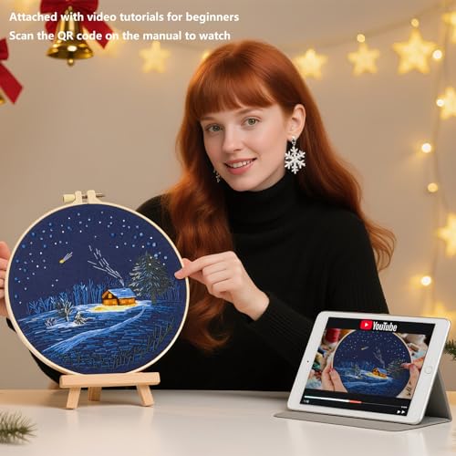 Image of Christmas Embroidery Kits for Beginners Adults, Winter Hand Embroidery Starter Kits, Christmas Cross Stitch Kits for Beginners Needlepoint DIY Kits for Adults, Embroidery Hoop, Thread & Video Tutorial