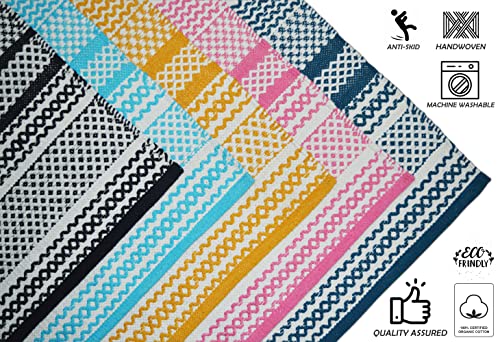 Image of Handwoven Cotton Runner for Bedroom, Kitchen, Balcony, etc. Size- 45X130cm, Machine Washable 8 mm Thick, Anti Slip, Yellow