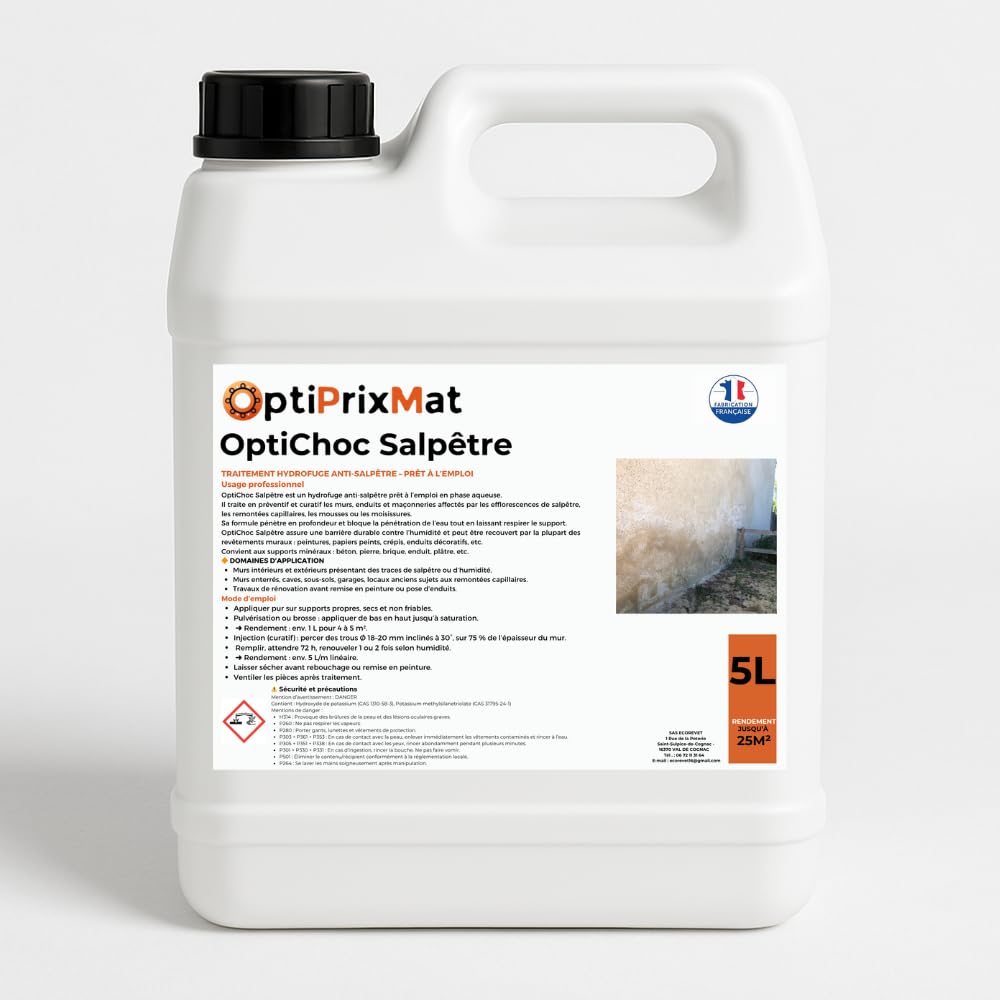 OPTICHOC SALPÊTRE – Traitement Hydrofuge Anti-Salpêtre Intérieur/Extérieur – Stoppe l’Humidité et les Remontées Capillaires – Prêt à l’Emploi – Incolore et Inodore – Bidon 5L (≈25 m²)