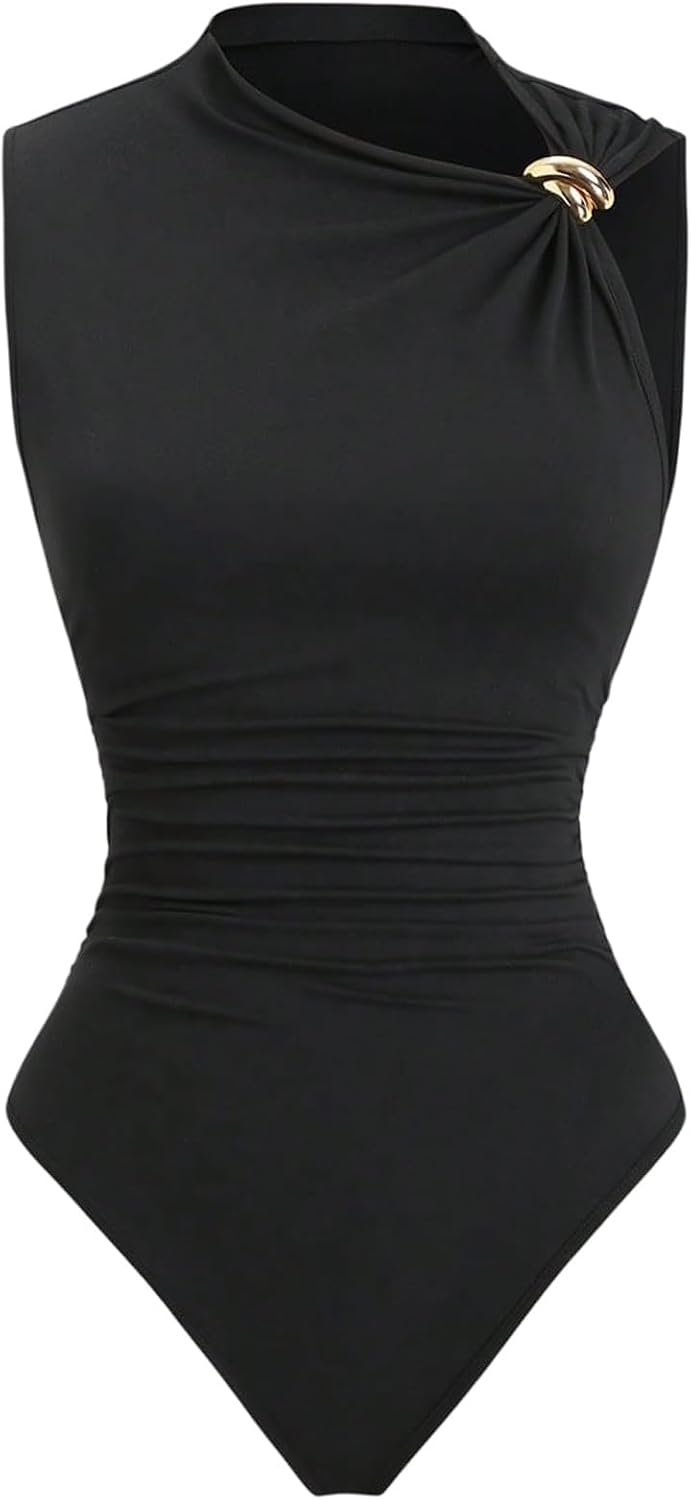 SweatyRocks Women's Asymmetrical Neck Sleeveless Bodysuits Ruched Ring Tank Bodysuit Leotard