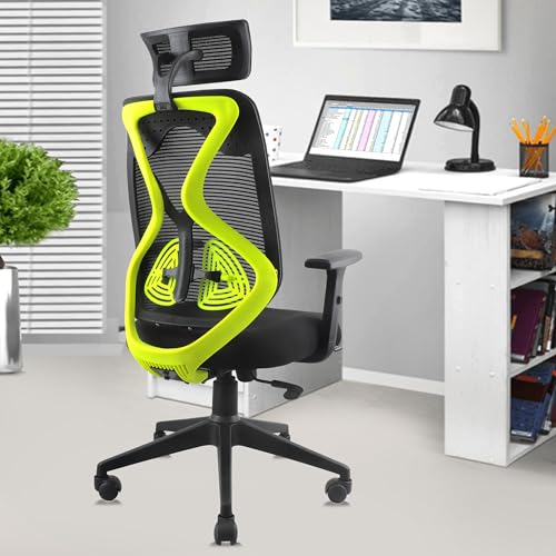 ASTRIDE Ergofit Ergonomic Office Chair for Home | 3-Years Warranty | 2D Headrest, Adjustable Arms & Lumbar Support | Tilt Lock Mechanism [Heavy Duty Nylon Base, Neon Green-Black]