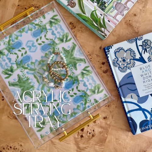 Acrylic Serving Tray with Gold Handles - 11"x14" Decorative Clear Tray, Green and Blue Watercolor Botanical - Vanity, Cofee Table, Bar Cart, or Bathroom Organizer - Image 2