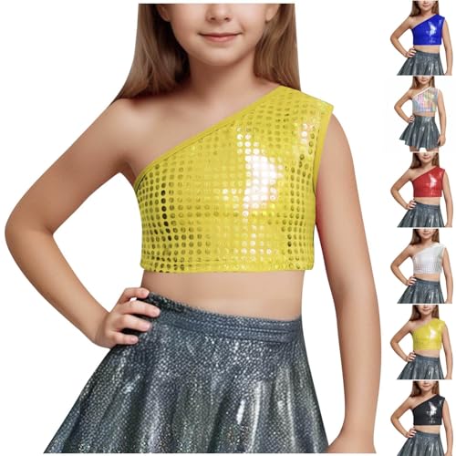Girls One-Shoulder Sequins Vest Sleeveless Metallic Sparkle Tank Crop Tops Kids Performance Dance Oufits for 3-16 Years2