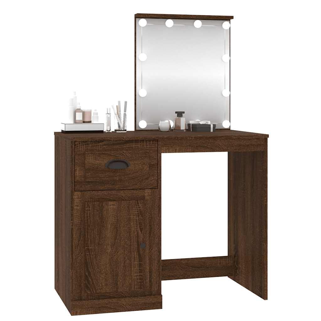 Tocador con LED marrón roble 90 x 50 x 132,5 cm con espejo, cajón y taburete, iluminación LED, espacio de almacenamiento y estante para dormitorio, vestidor, niña