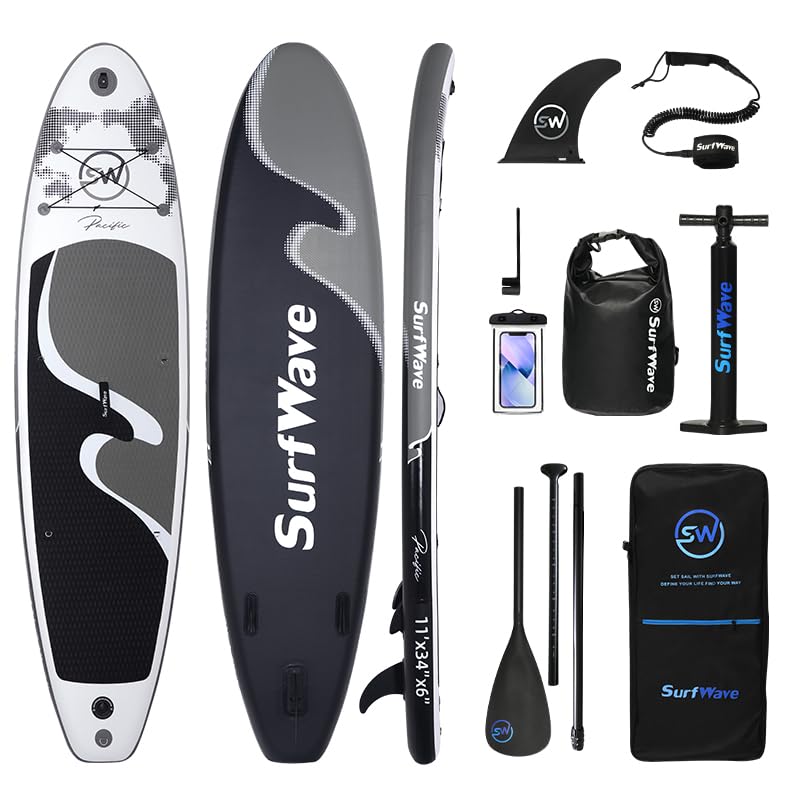 Inflatable Stand Up Paddle Board, 11'x34'' Wide Sup Board with Premium Accessories, Paddle and Pump, Carry Bag, Fin, Ankle Leash, Non-Slip Comfort Deck for Youth & Adults