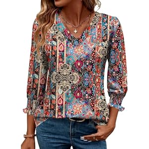 Rapbin 3/4 Length Sleeve Womens Tops Summer Trendy Puff-Sleeve V-Neck Blouses Dressy Casual Textured Smocked T-Shirt Colorful Boho Ethnic Small