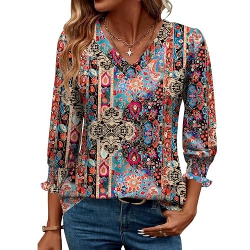 Rapbin 3/4 Length Sleeve Womens Tops Summer Trendy Puff-Sleeve V-Neck Blouses Dressy Casual Textured Smocked T-Shirt Colorful Boho Ethnic Small