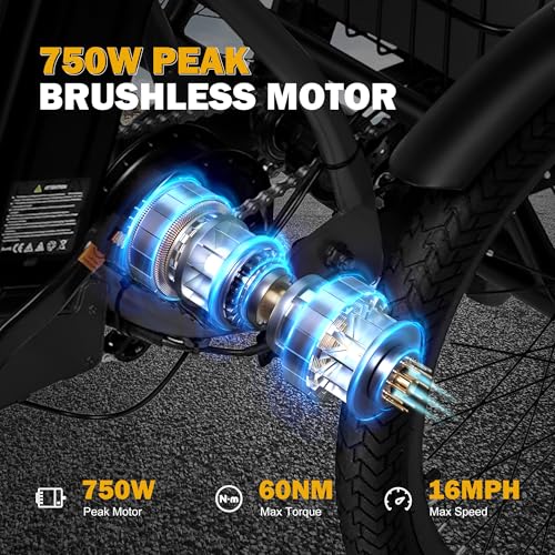 Qlife Triker Electric Bike, Peak 750W Brushless Motor Folding Trike Ebike, 468Wh Removable Battery, Step-Thru 3 Wheel Electric Bicycle, Up to 50 Miles, 20 Tire Tricycle for Adults