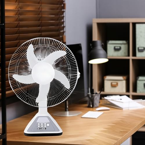 Image of Drumstone 14-Inch Rechargeable Table Fan with Remote Control, Battery Operated Portable Fan with LED Light, 3 Speed Modes, Cordless Emergency Fan for Home, Office, Bedroom
