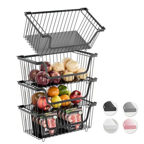 4 Pcs Stackable Wire Baskets for Pantry Organizers and Storage,Vegetable Fruit Basket for Countertop,Kitchen Storage Metal Baskets,Produce Potato Onion Storage Bin,Black
