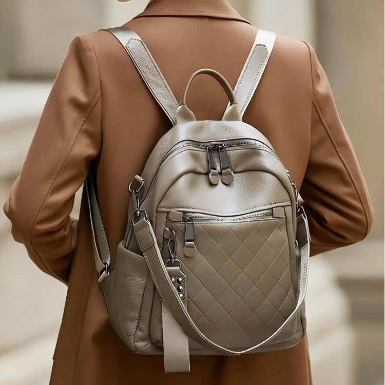 Genuine Leather Backpack Purse For Women Grey Quilted Real Soft Leather Fashion Designer Convertible Ladies Shoulder Bag - Image 3