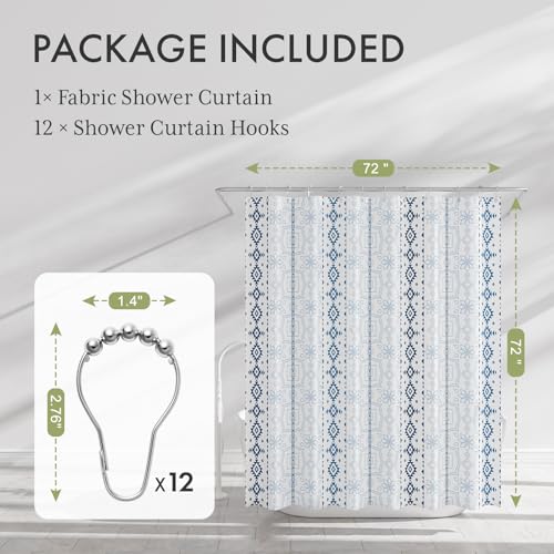 Image of AmazerBath Boho Shower Curtain, 72x72 Washable Cloth Navy and White Shower Curtains for Bathroom, Fabric Rustic Neutral Shower Curtain Set with 12 Hooks, Modern Camper RV Dorm Stall Shower Curtain