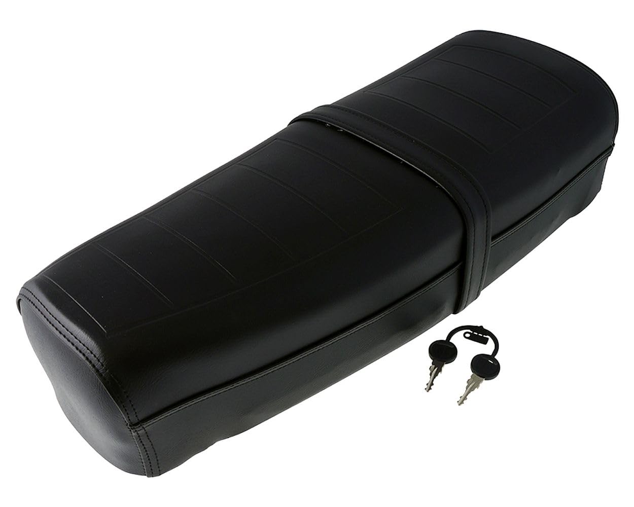 Selle noire avec serrure et sangle, compatible avec la Vespa PK50-125/S/ETS | Coussin fissuré; compatible avec VESPA PK 50 S/Lusso/SS 82-88 et compatible avec VESPA PK 50 S/SS Automatique/Elestart 84-86.