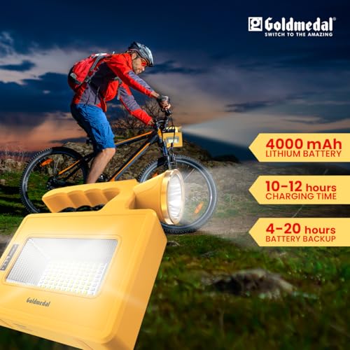 Image of Goldmedal Trippo 10W LED Solar Rechargeable Flood Light with Torch | IP54 Protection | Cool Daylight (6500K) with Red & Blue Light | 750 Lumens | 3 Lighting Modes | Monocrystalline Solar Panel