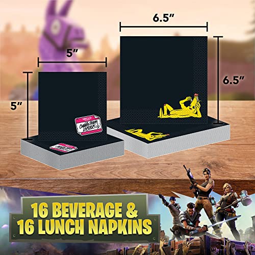 Unique Fortnite Dinnerware Party Bundle - Square Black Dinner & Dessert Plates, Luncheon & Beverage Napkins - Boy Birthday Supplies & Decorations Paper Set Victory Royale