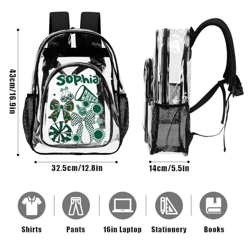 Personalized Clear Backpack PVC See Through Transparent Backpack with Name Reinforced Strap & Large Capacity Back to School Gifts(Green Football Cheerleading)3