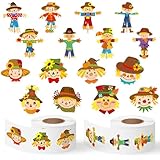 Haooryx Fall Scarecrow Sticker Rolls - 1000Pcs Autumn Scarecrow Self Adhesive Decorative Scrapbook Stickers Waterproof Vinyl Water Bottle Activity Pad Phone Case Thanksgiving Party Favor Junk Journal