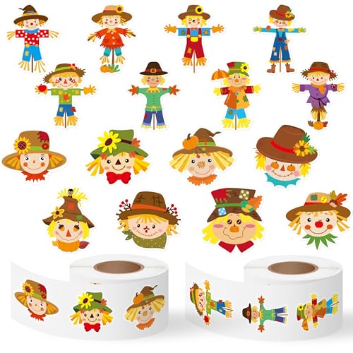 Haooryx Fall Scarecrow Sticker Rolls - 1000Pcs Autumn Scarecrow Self