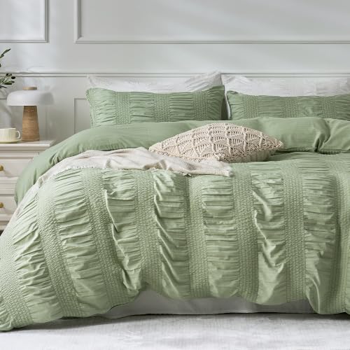 Image of JELLYMONI Light Green Duvet Cover Full Size, 3pcs Washed Microfiber Bedding Set, Soft Breathable Wide Seersucker Duvet Cover Set with Zipper Closure and Corner Ties for All Seasons
