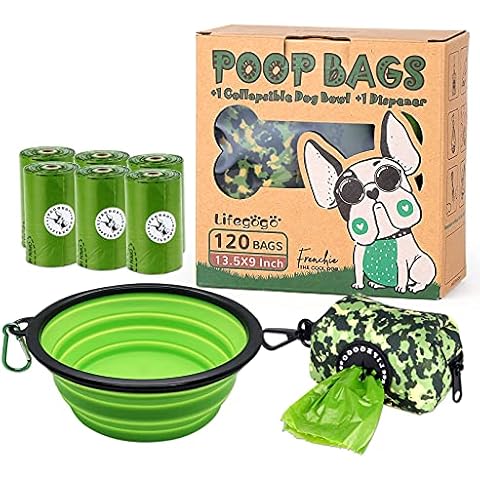 Collapsible Silicon Dog Bowl, 6 Roll /120 bags Extra Thick Unscented Dog Poo Bags with Dispenser Cover