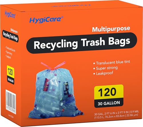 HygiCare 30 Gallon Recycling Trash Bags Unscented 120 Count Drawstring Garbage Bags Pre-Separated Ultra Strong Leakproof Sturdy Translucent Blue