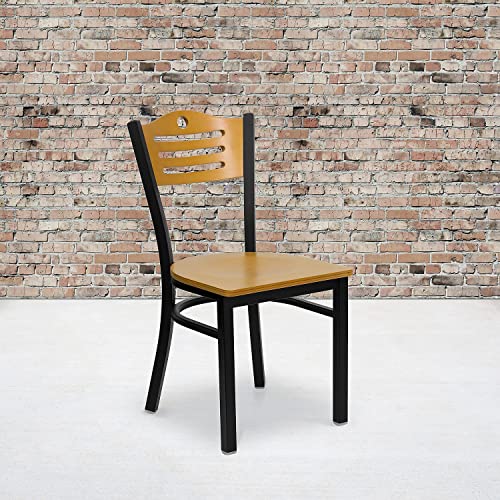 Image of Flash Furniture 2 Pack HERCULES Series Black Slat Back Metal Restaurant Chair - Natural Wood Back & Seat